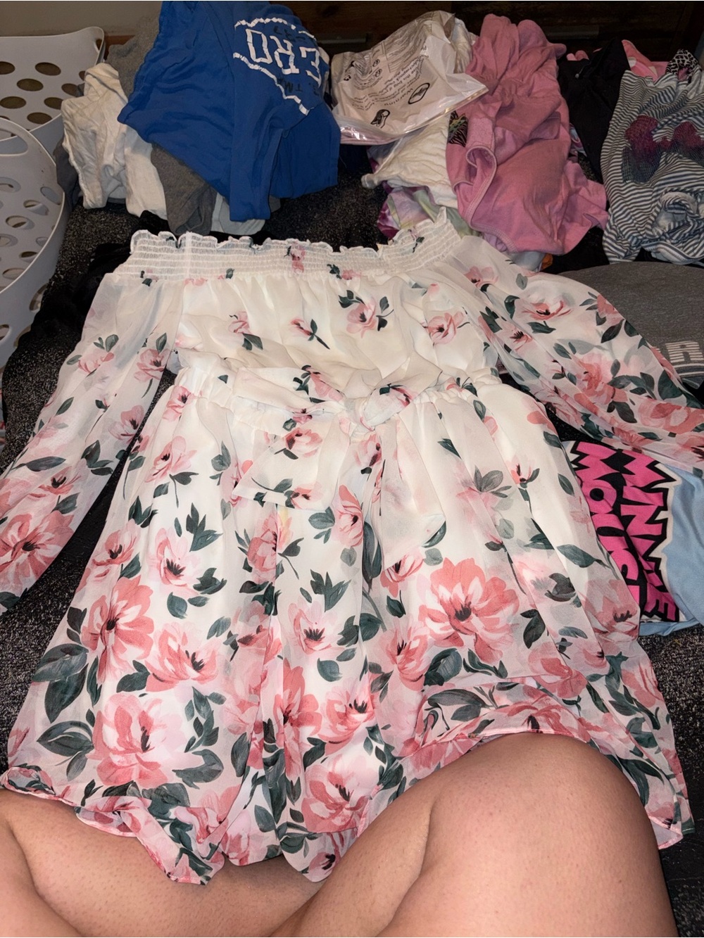 Girls White & Pink Floral Off-Shoulder Dress